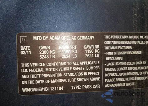 2011 Buick Regal Cxl Turbo Russelsheim z USA, uszkodzony, nr VIN W04GW5EV1B1131184